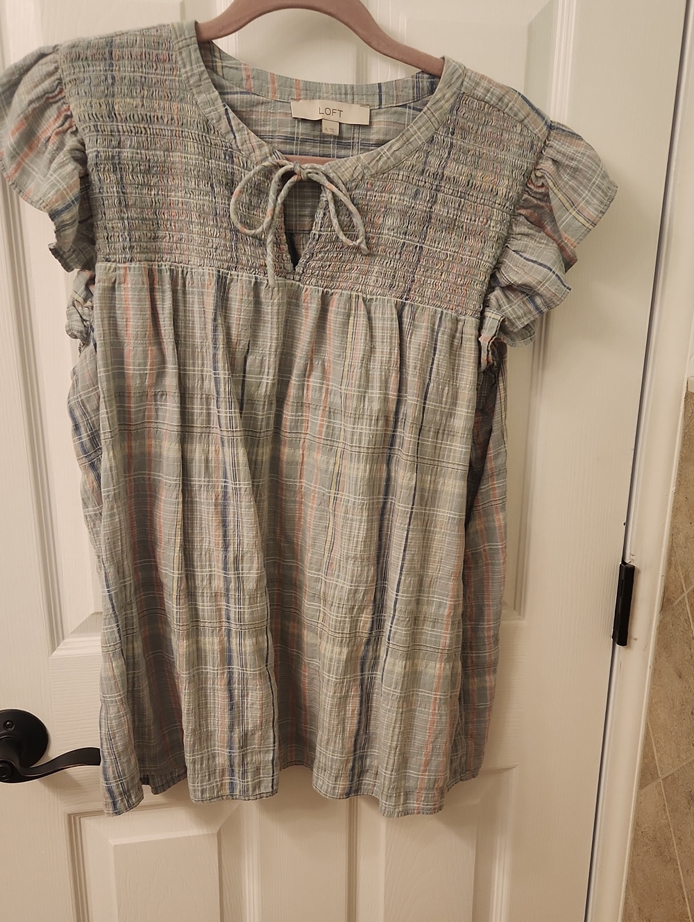 LOFT Sage Plaid Smocked Tie-Front Flutter Sleeve Top